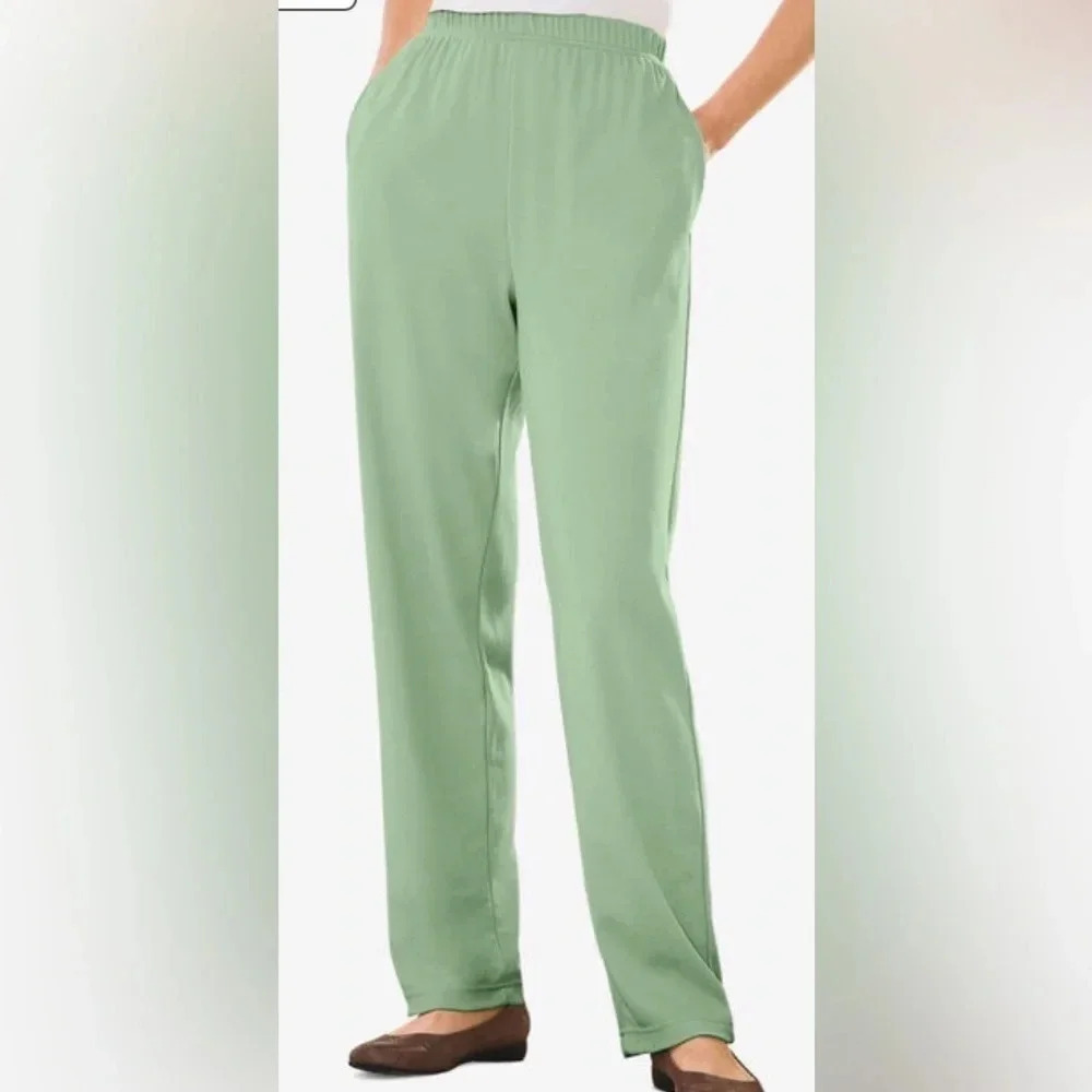 WOMAN WITHIN  7-Day Knit sage green pull on, 2 pockets elastic waistband size MP